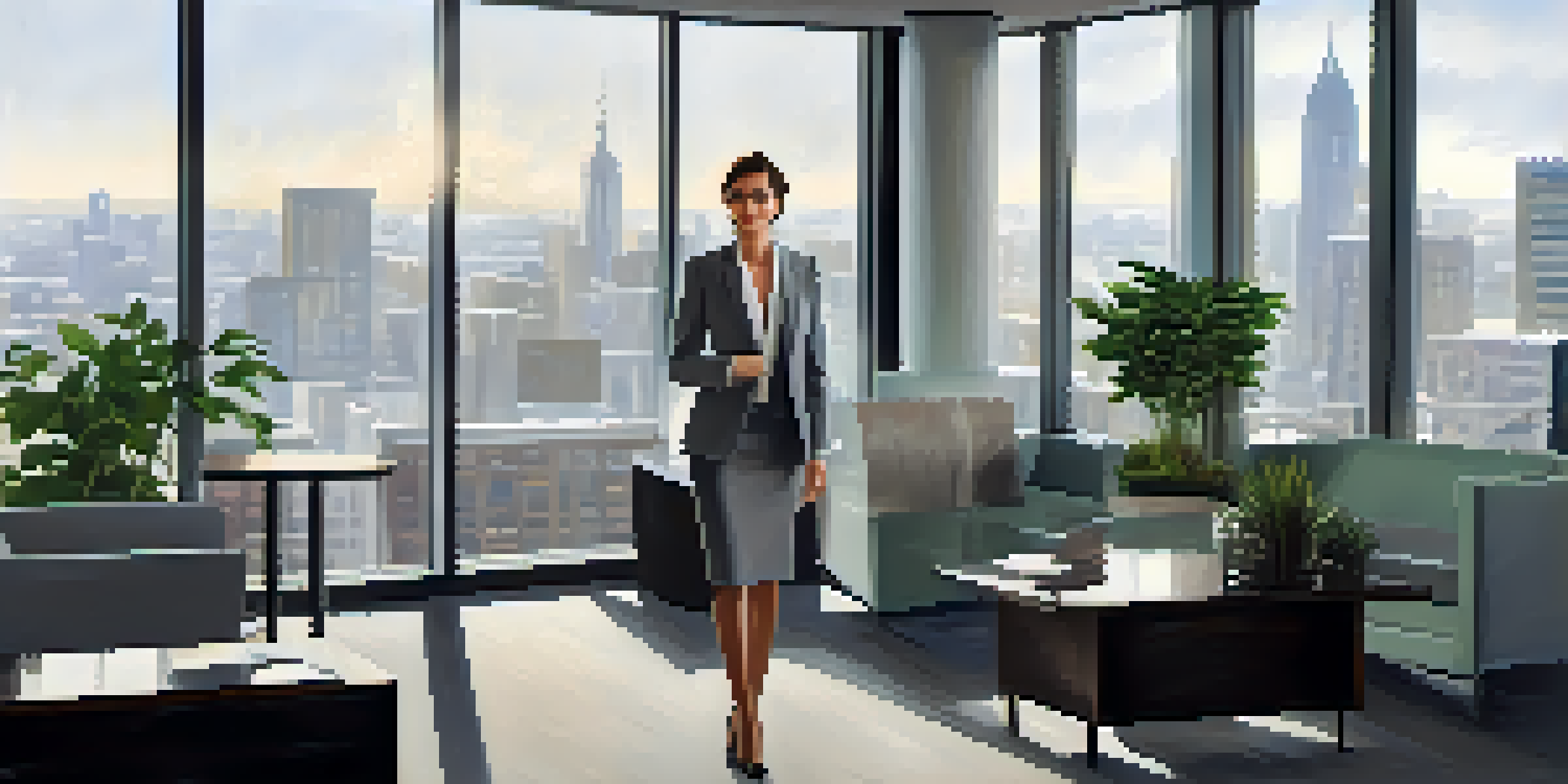 A professional woman in a tailored suit standing confidently in an office with a city skyline view, illuminated by soft morning light.