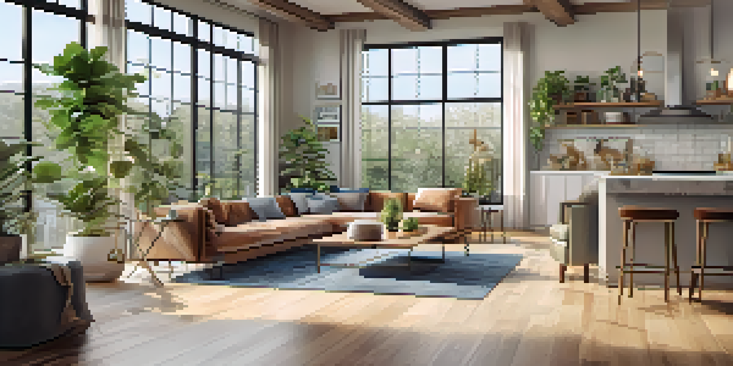 A bright and spacious living area with an open floor plan, combining a kitchen, dining space, and lounge with modern furnishings and natural light.