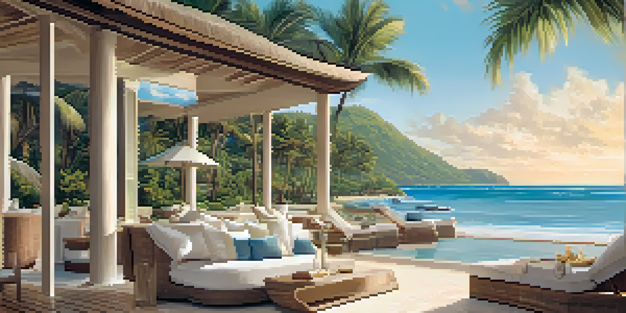 A glossy magazine spread featuring a luxurious beach destination with clear water and palm trees.