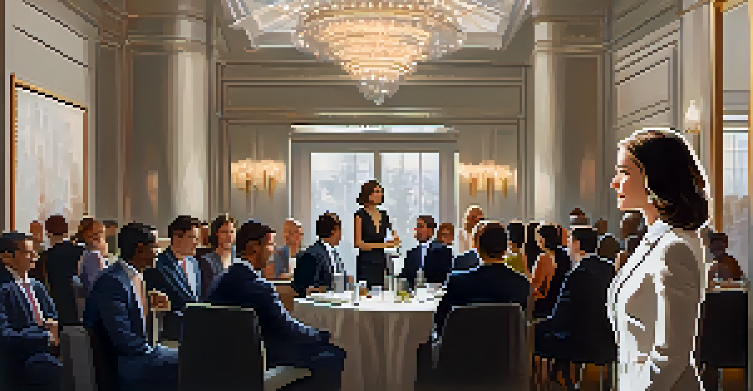 A confident woman delivering her elevator pitch at a networking event, with listeners engaged in a stylish venue decorated with contemporary art.