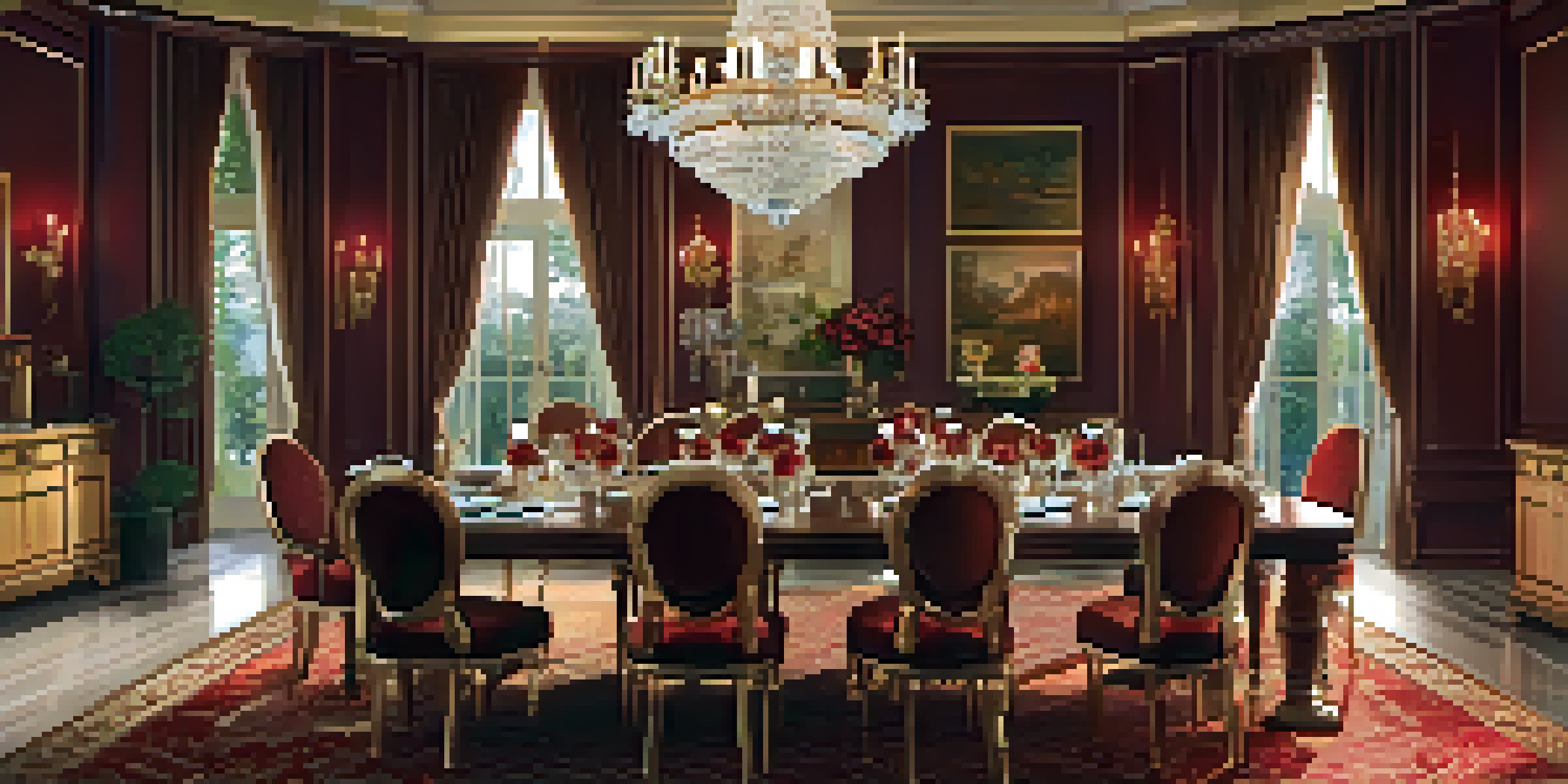 A luxurious dining room with a sparkling crystal chandelier and elegant wooden furniture, illuminated by warm light.