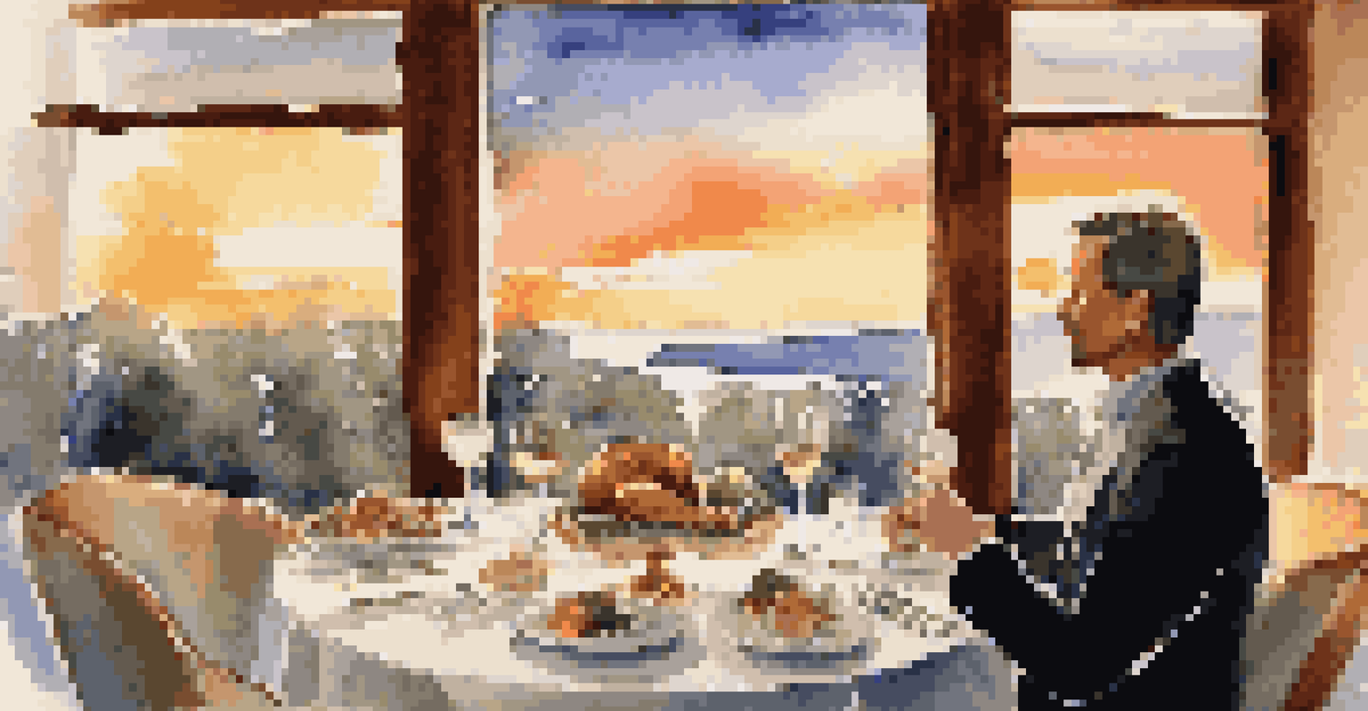 A mindful traveler enjoying a gourmet meal at an upscale restaurant with a sunset view.