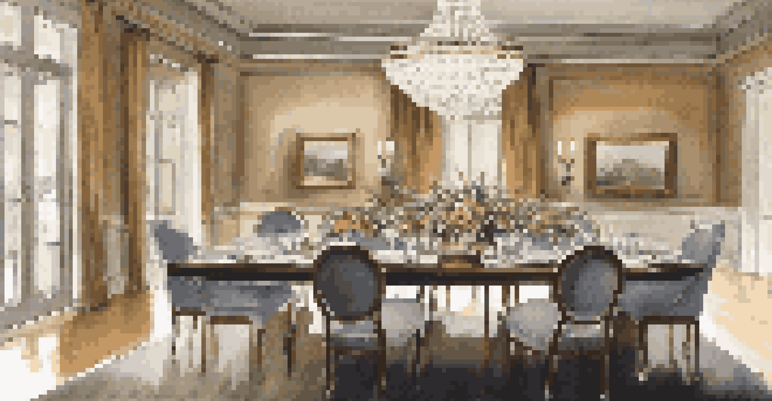 An elegant dining area with a long wooden table set for dinner and a modern chandelier overhead.