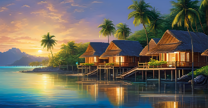 A luxurious eco-resort with wooden bungalows surrounded by tropical greenery and a sunset over the ocean.