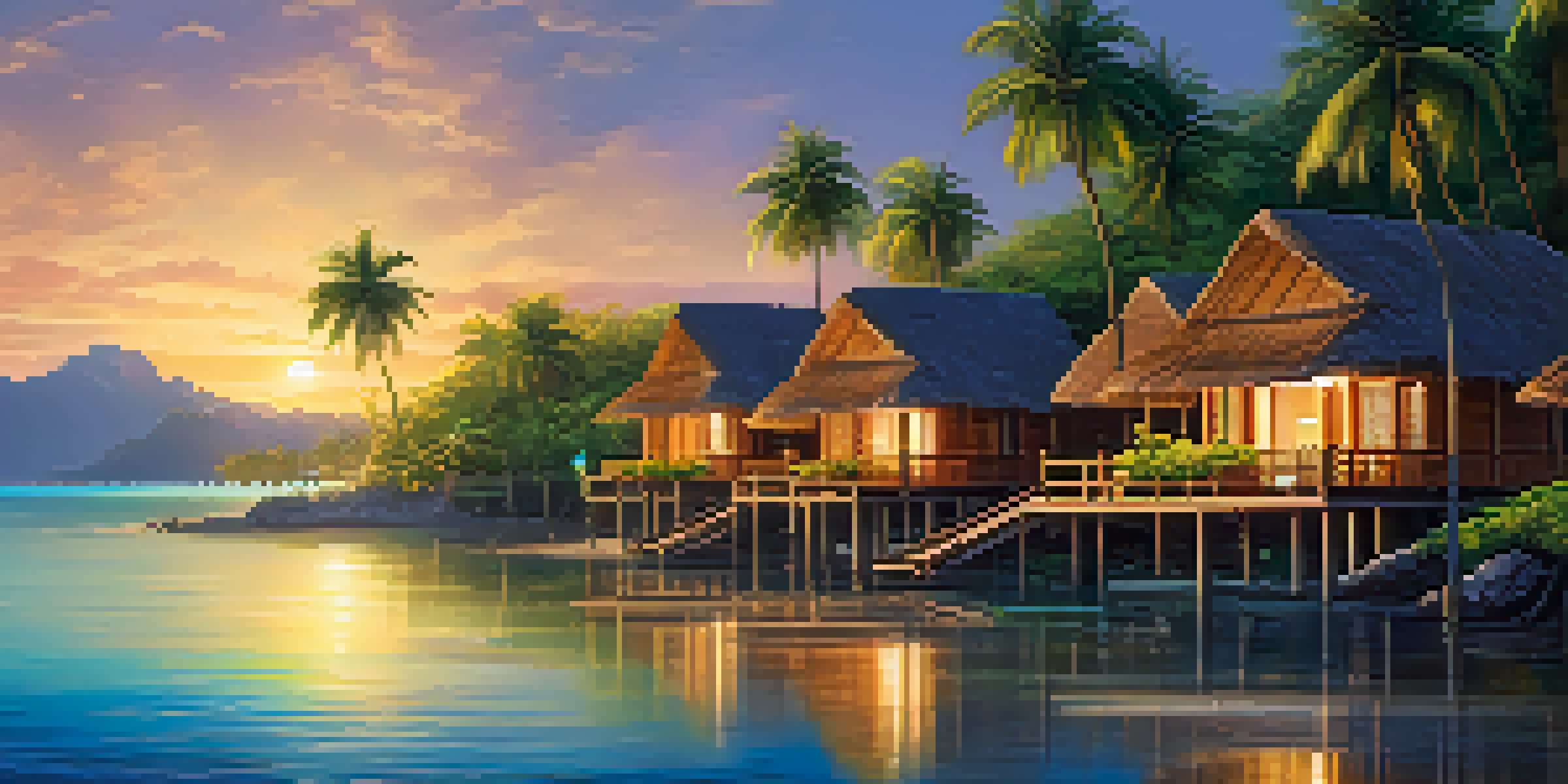 A luxurious eco-resort with wooden bungalows surrounded by tropical greenery and a sunset over the ocean.