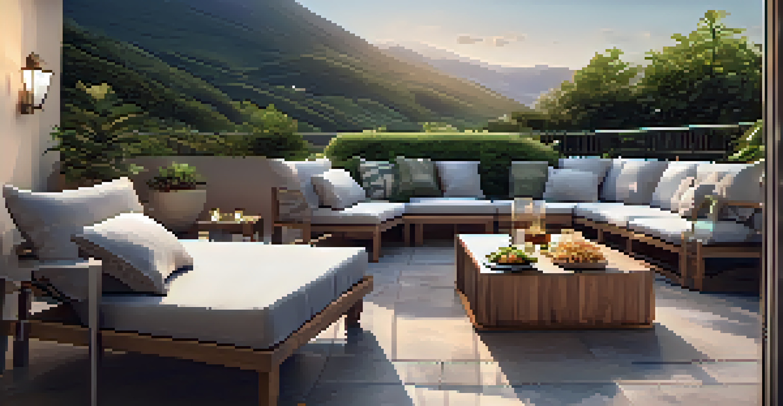 A private outdoor terrace with comfortable seating and a mountain view, decorated with greenery.