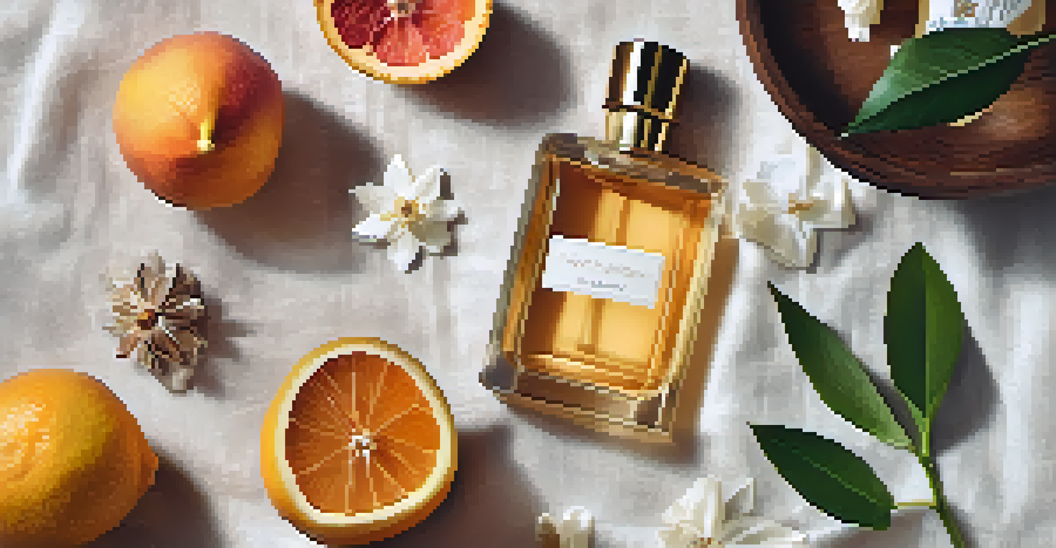 Artistic flat lay of fragrance layering ingredients including various scent bottles.