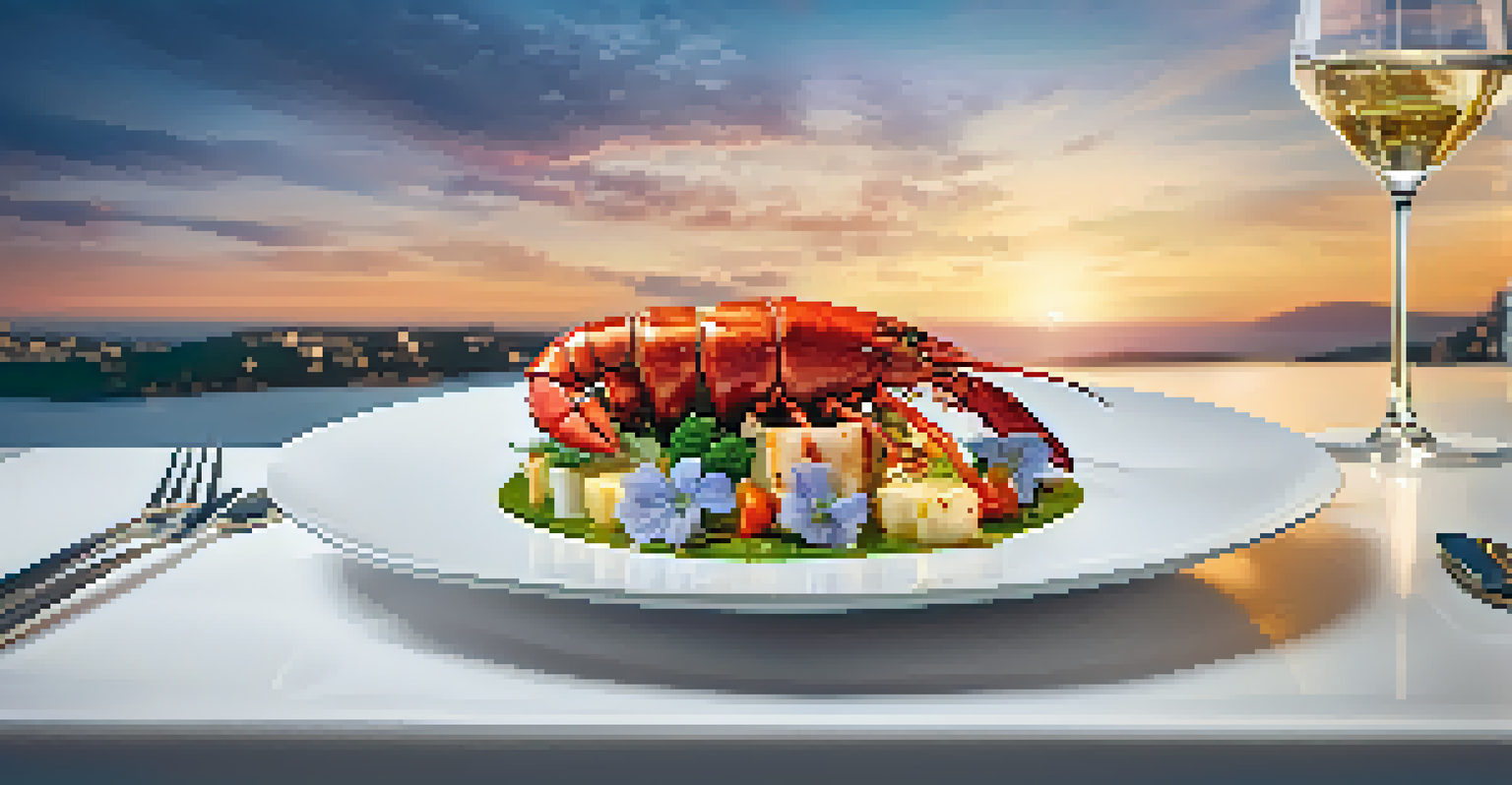 Close-up of a gourmet grilled lobster dish against a sunset backdrop.