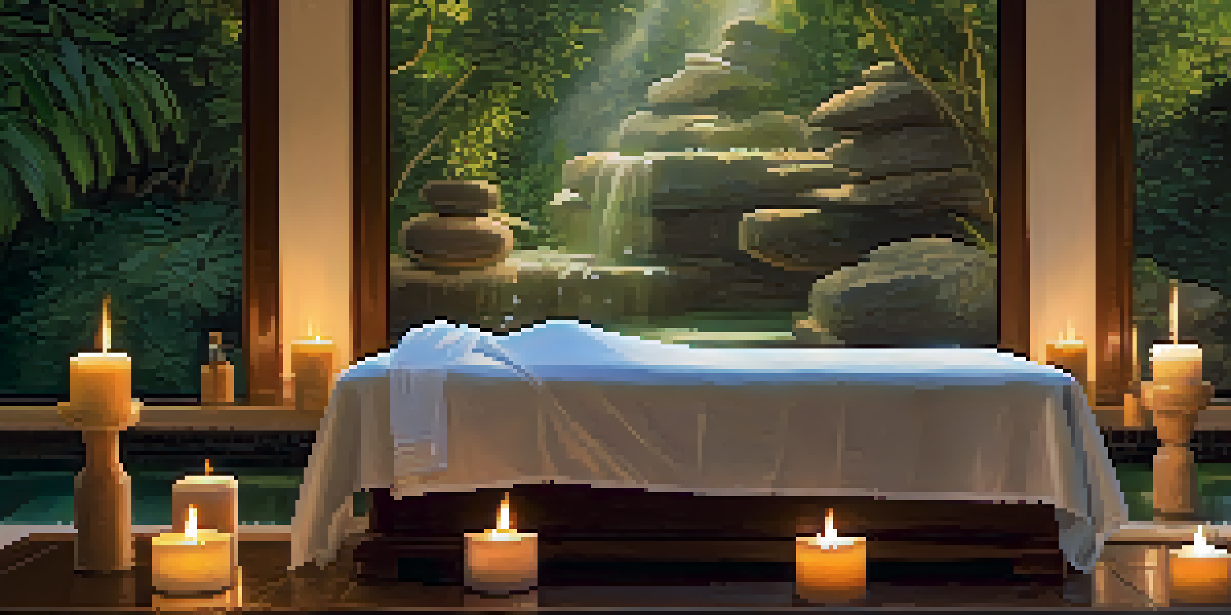 A person receiving a massage in a peaceful spa environment, surrounded by candles and plants.