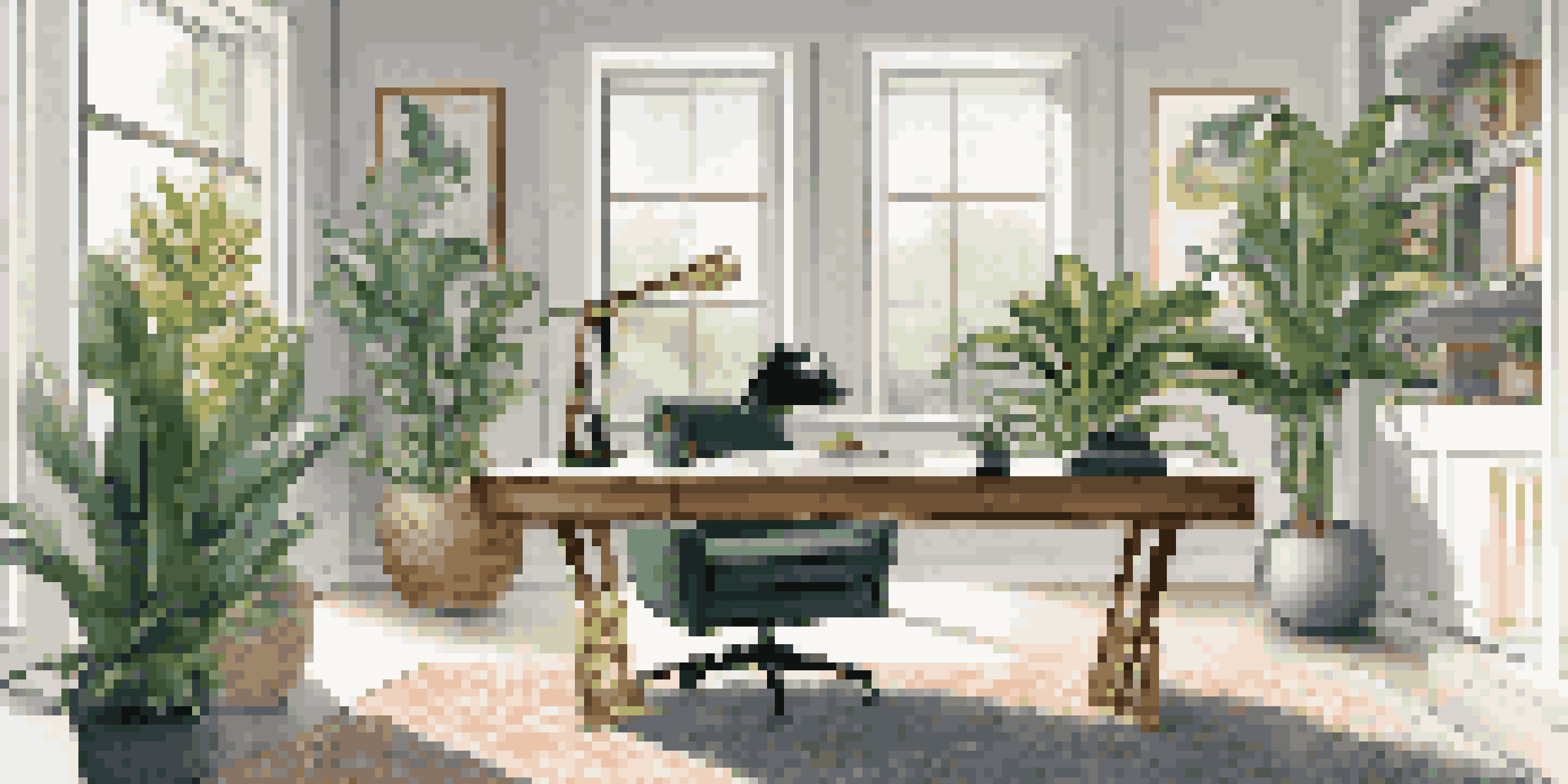 A bright, luxurious home office filled with natural light, plants, and stylish decor.
