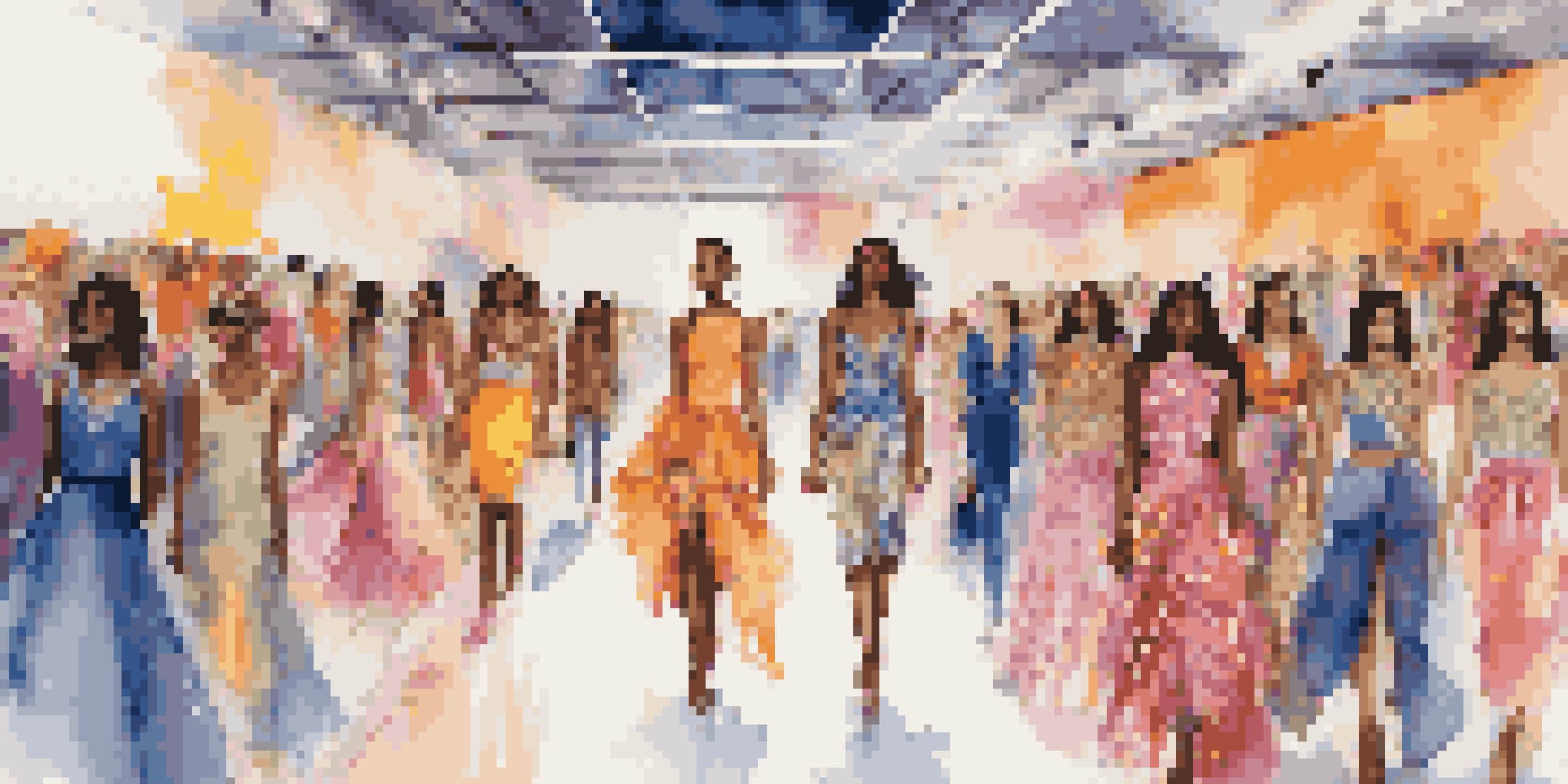 A lively fashion show with diverse models on the runway, bright stage lights, and an enthusiastic audience in the background.