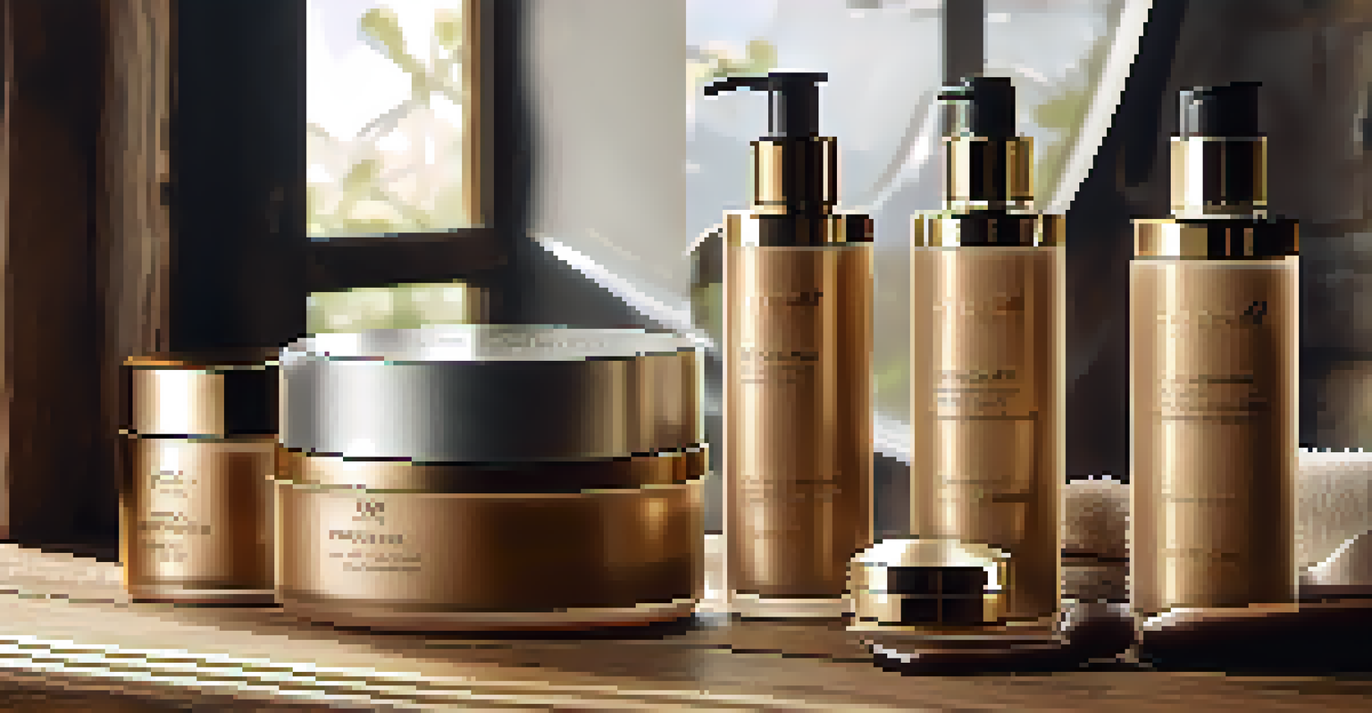 Refillable luxury skincare containers arranged on a wooden surface, illuminated by natural light, highlighting their elegant design.