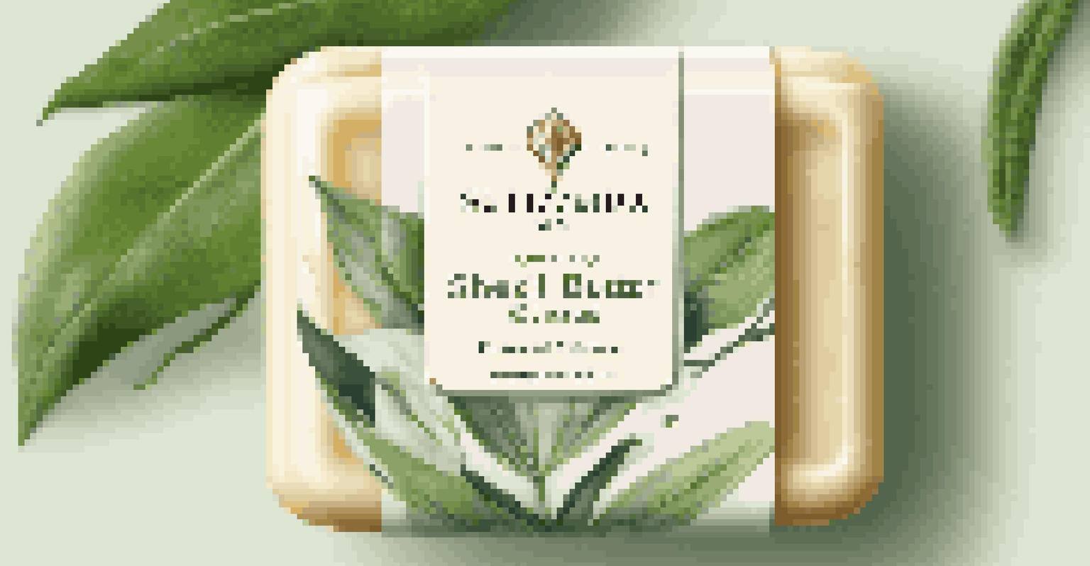 A close-up view of a luxurious soap bar on biodegradable packaging, showcasing its creamy texture and unique design, with a blurred background of greenery.