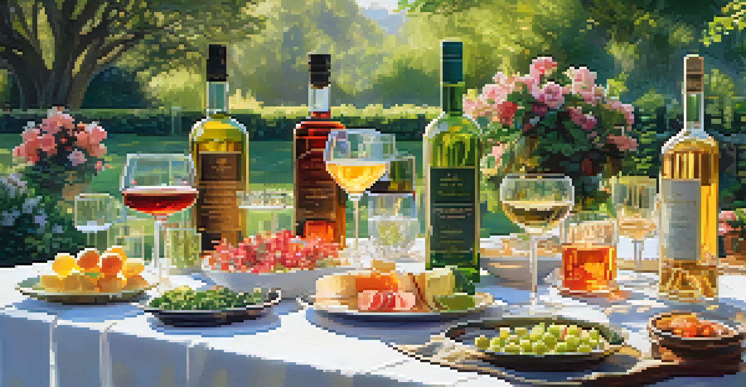 An outdoor tasting setup with luxury spirits and appetizers in a garden.