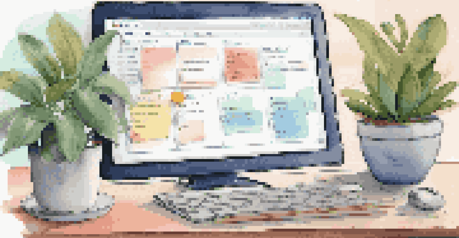 Close-up of a computer screen showing a project management tool with colorful task cards and a cozy workspace in the background.