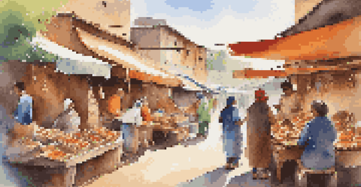 An artisan market bustling with colorful stalls displaying handmade pottery, textiles, and jewelry.