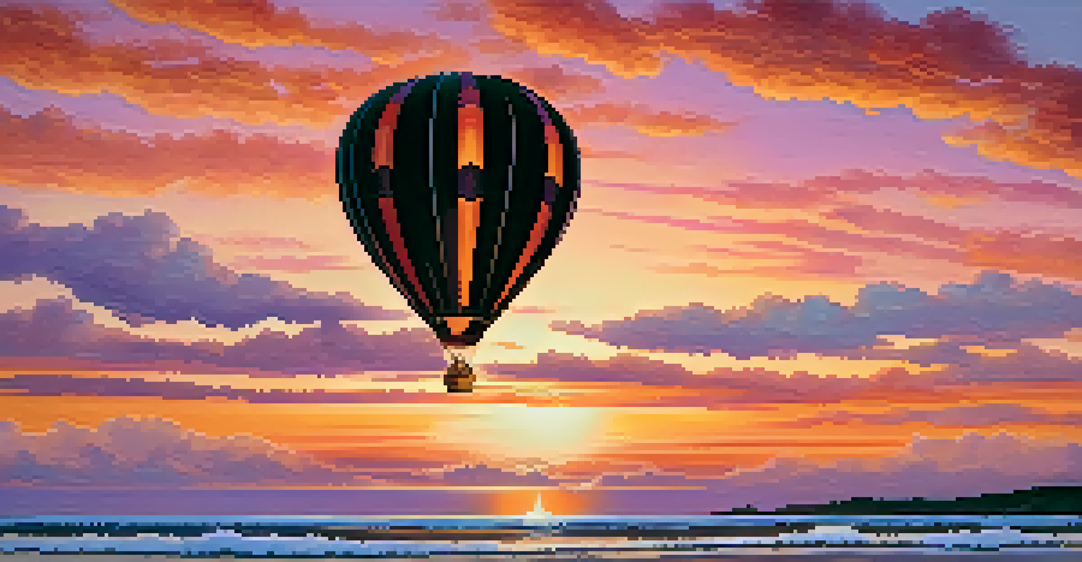 A silhouette of a hot air balloon at sunset, with a colorful sky and a coastal landscape below.
