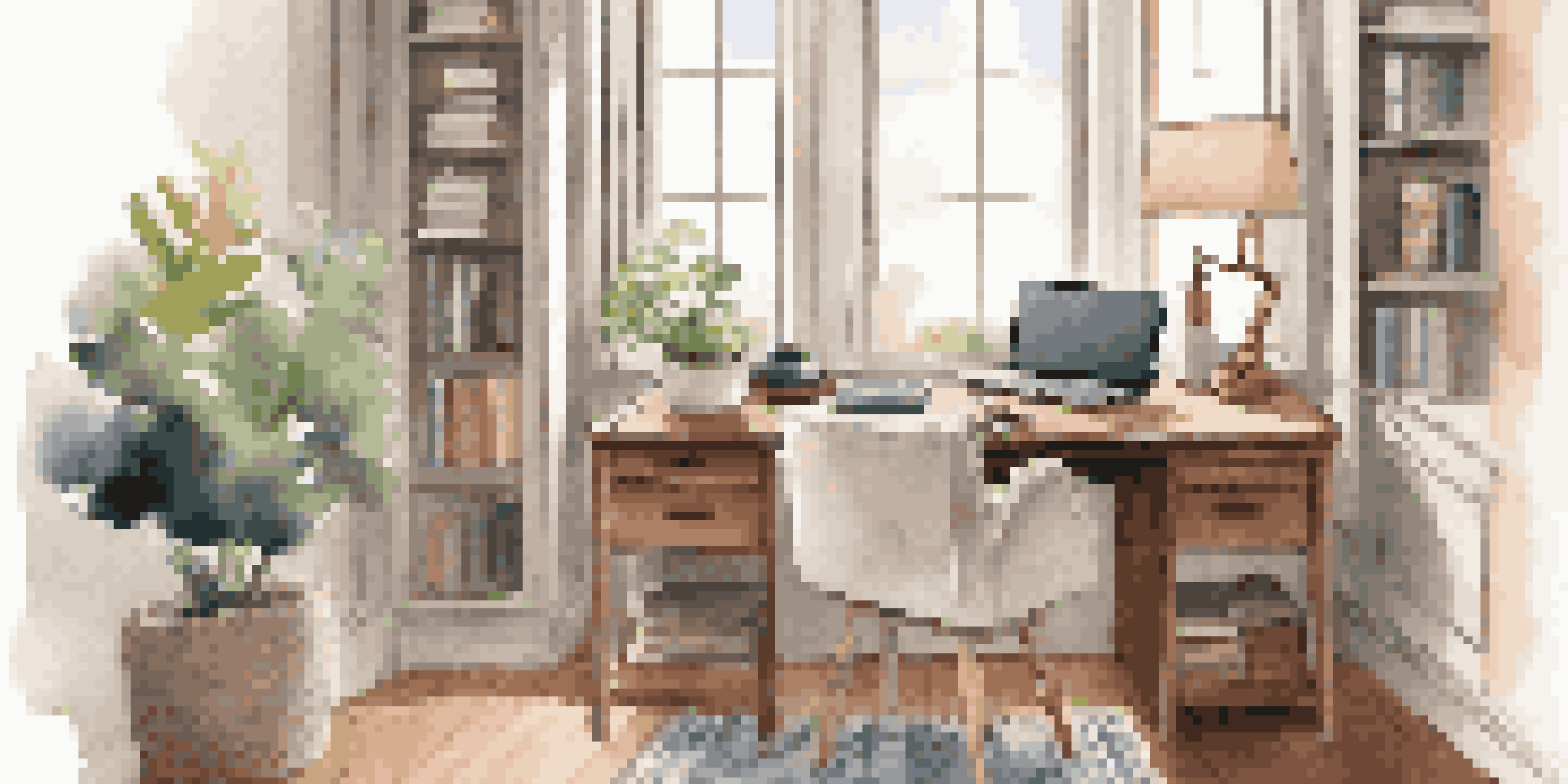 A warm and inviting home office with a wooden desk by a window, featuring natural light, a potted plant, and an ergonomic chair, all in soft, neutral tones.