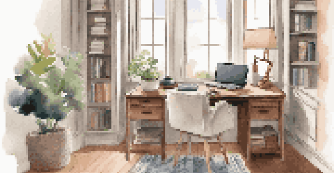 A warm and inviting home office with a wooden desk by a window, featuring natural light, a potted plant, and an ergonomic chair, all in soft, neutral tones.