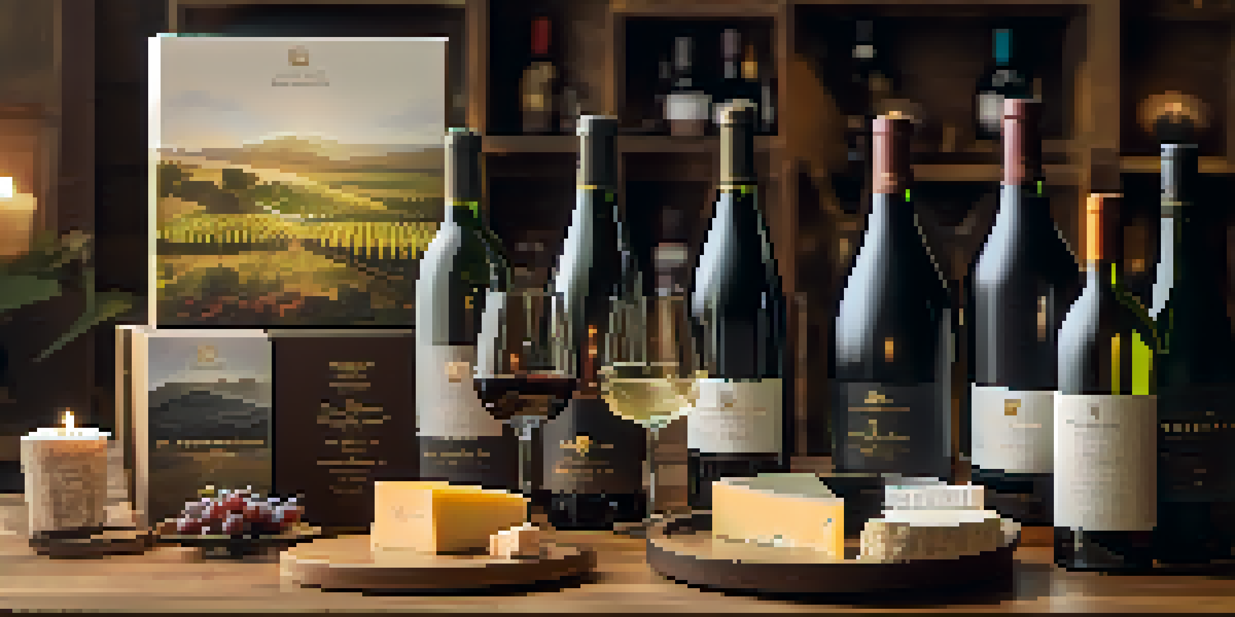 A beautifully arranged luxury wine subscription box on a wooden dining table, showcasing fine wine bottles and tasting notes, with a cheese platter nearby.
