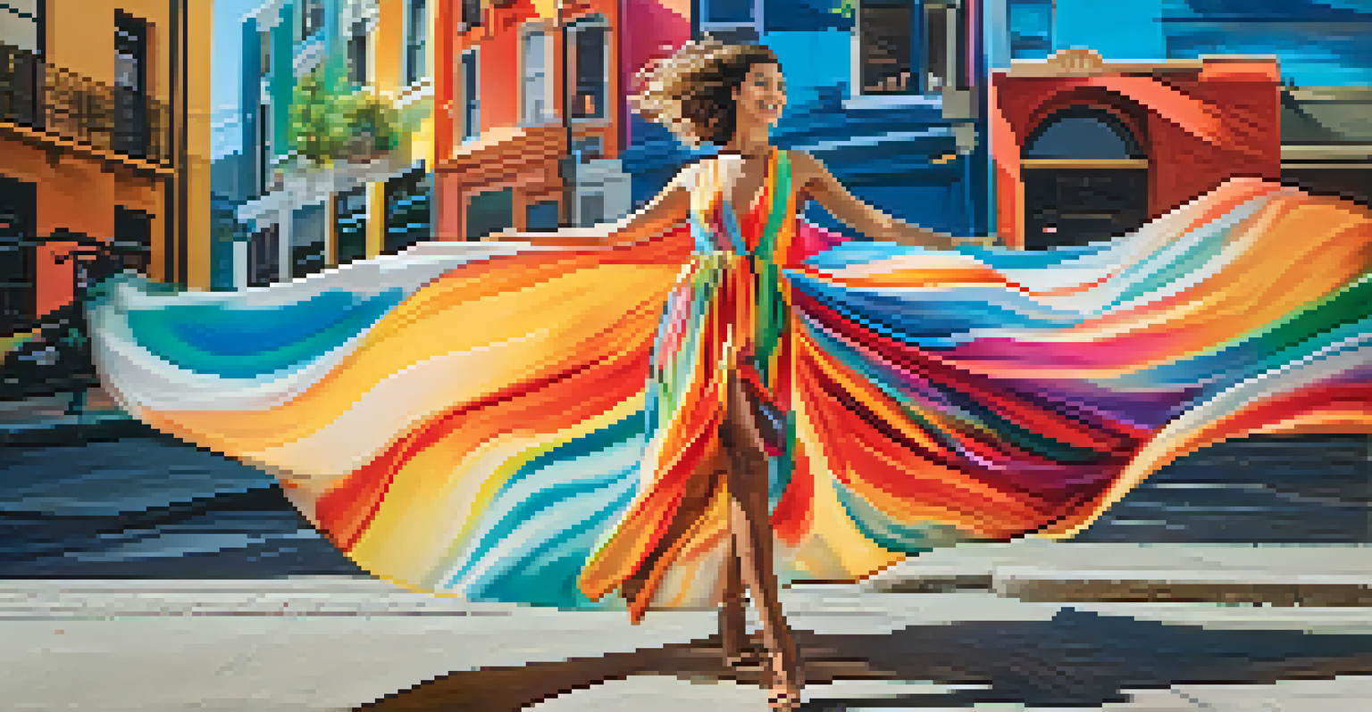 A model wearing a stylish dress in front of colorful street art, showcasing movement and vibrant colors.