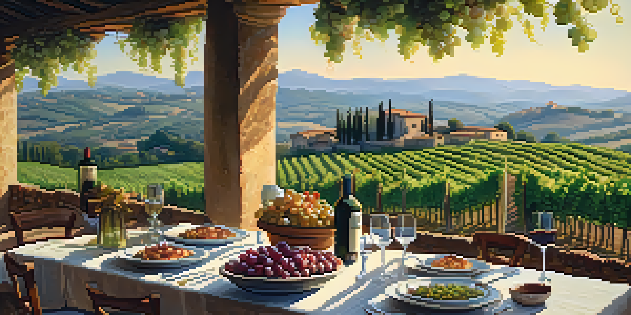 A beautiful Tuscan vineyard at sunset with a rustic table set for a meal, featuring dishes and a glass of wine.