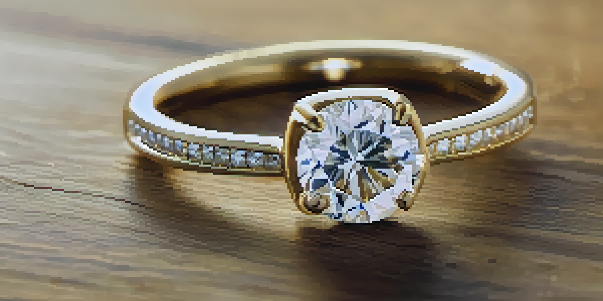 A minimalist jewelry piece with a lab-grown diamond in a recycled gold band on a textured wood surface, illuminated with soft lighting.