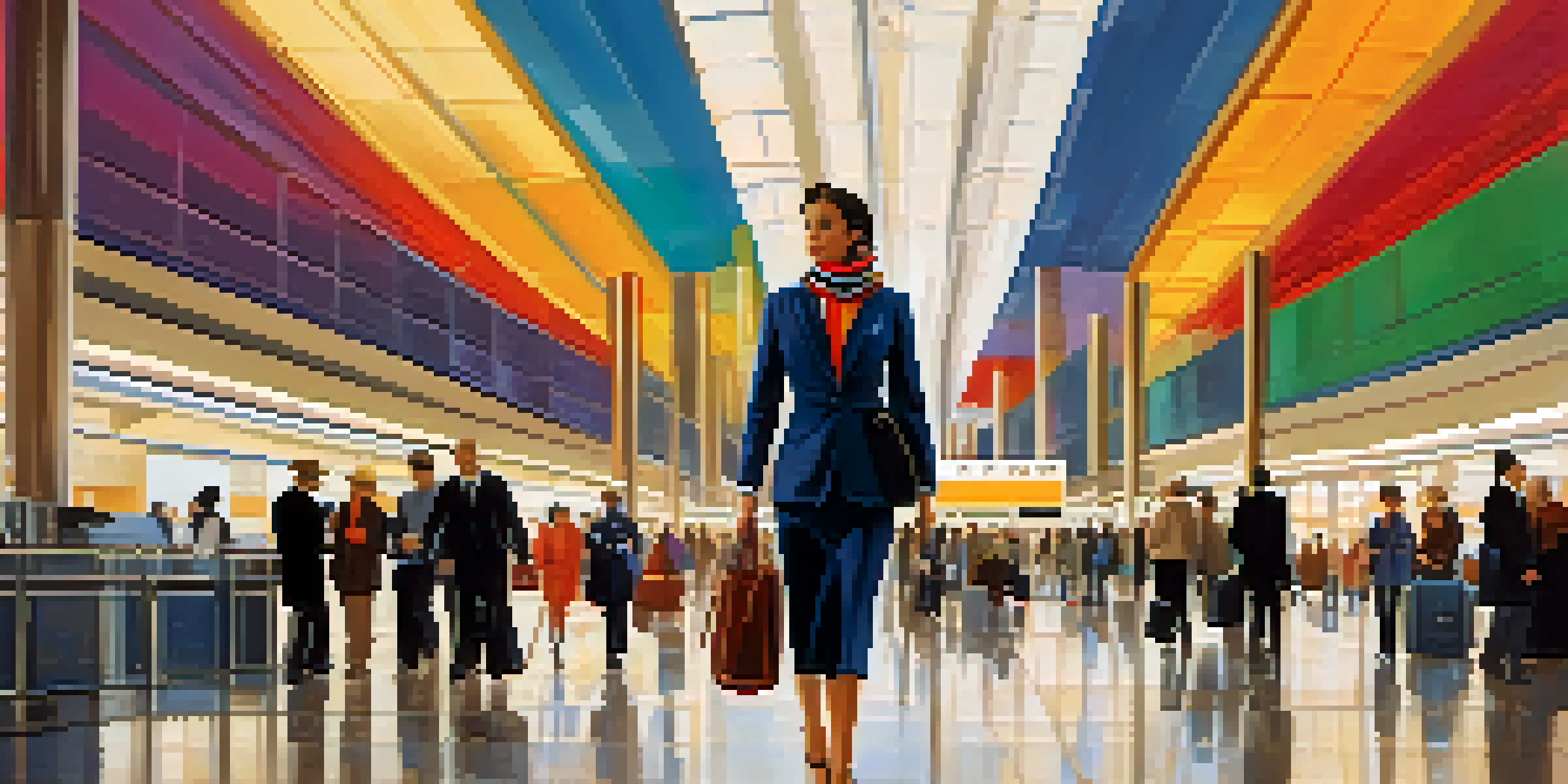 A stylish traveler in a tailored blazer and scarf walking through an airport terminal filled with colorful travel posters.