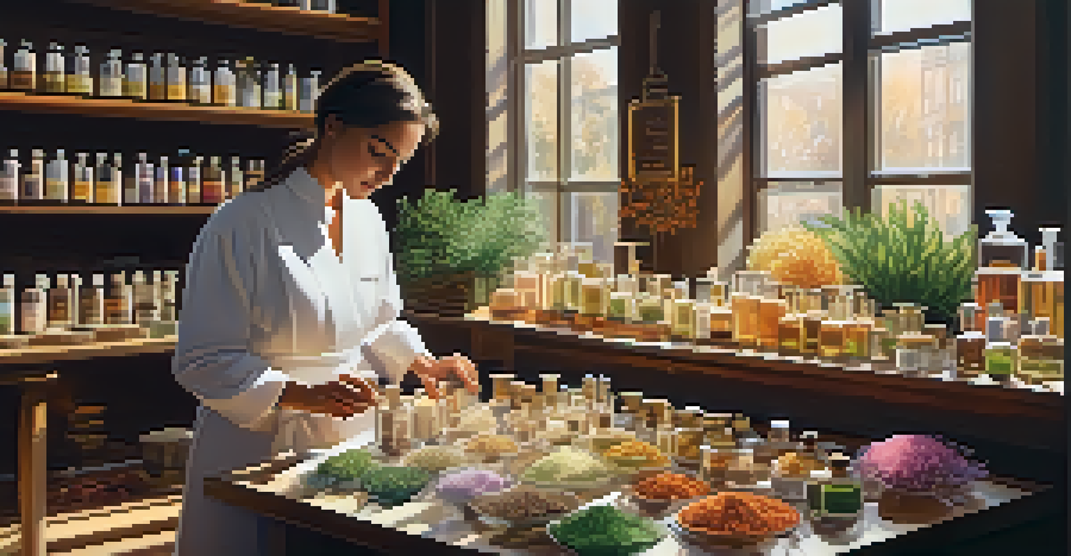 A perfumer in a luxurious workshop surrounded by natural ingredients for fragrance creation, with warm light streaming through windows.