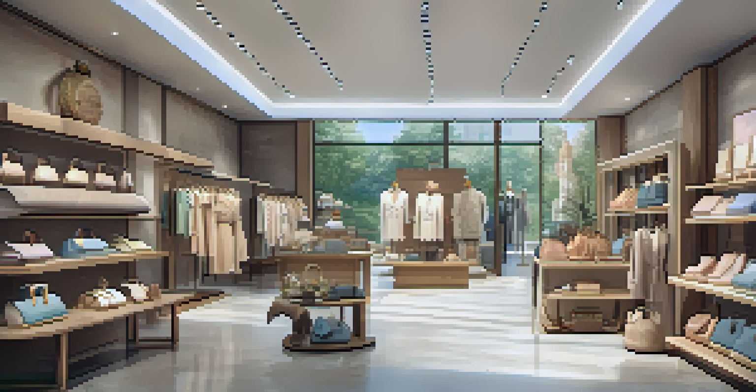An elegant boutique interior with ethically sourced luxury items displayed, featuring natural materials and soft pastel colors, emphasizing sustainability and human rights.