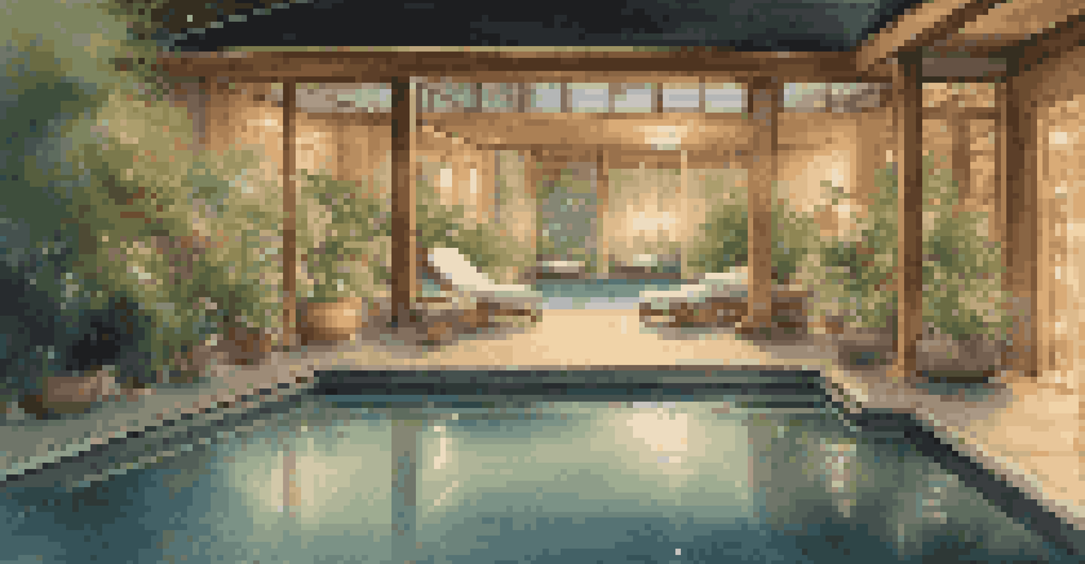 A tranquil indoor spa with a peaceful pool surrounded by greenery and dim candlelight.