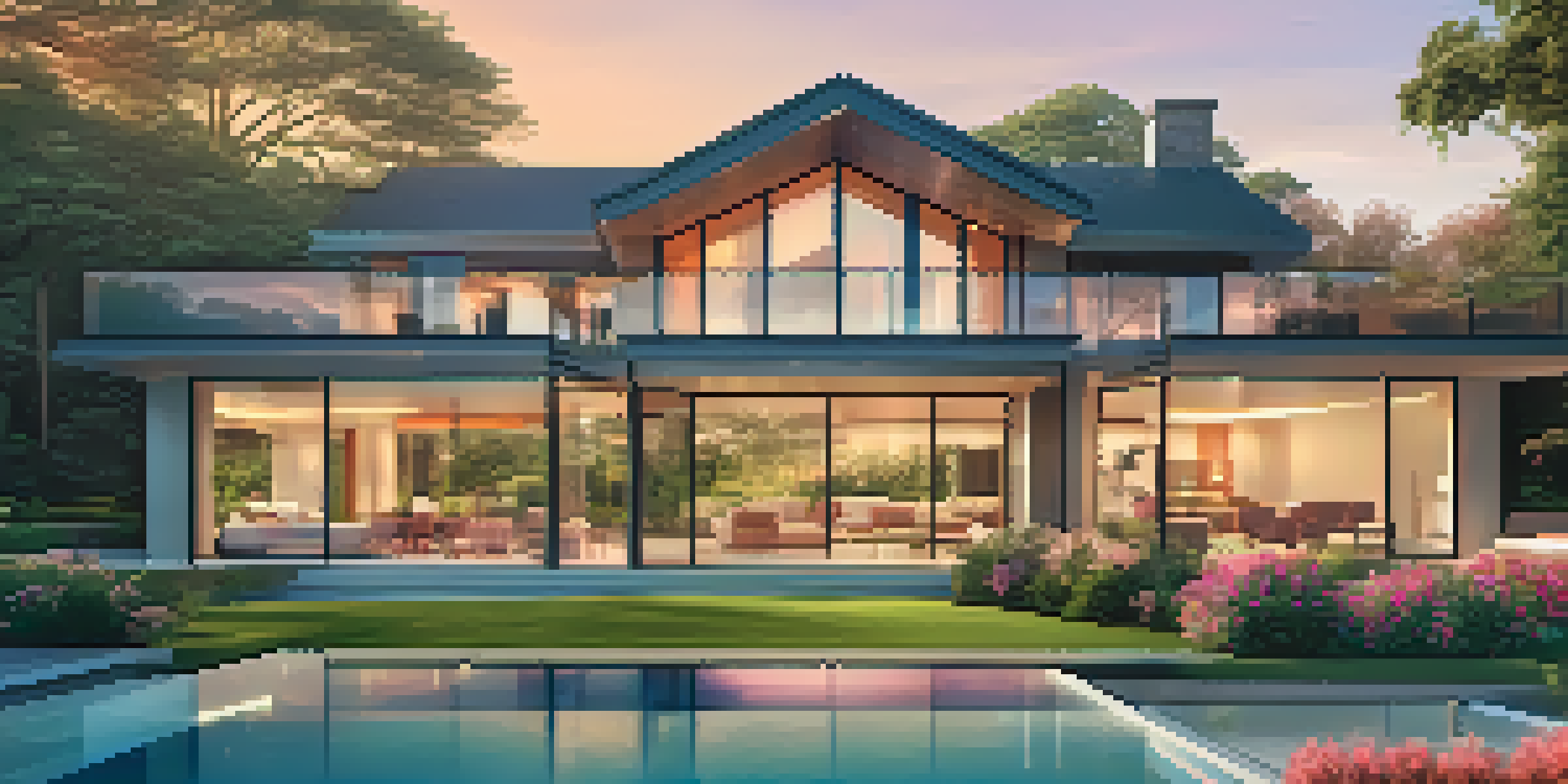 A modern luxury home with a landscaped garden and swimming pool during sunset.