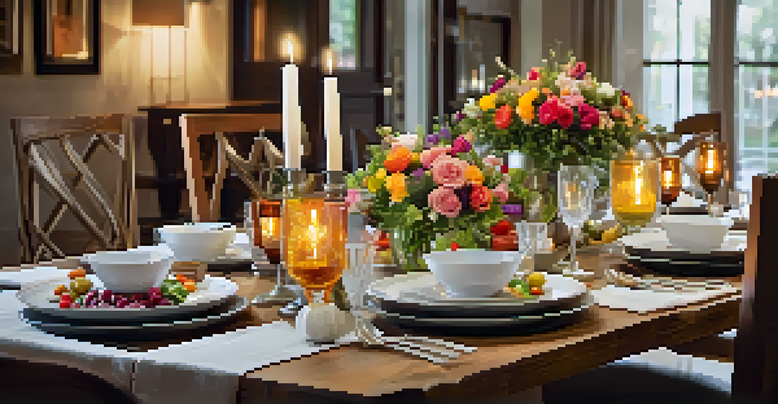 An elegantly set dining table with beautifully plated dishes and a warm atmosphere created by candlelight and flowers.