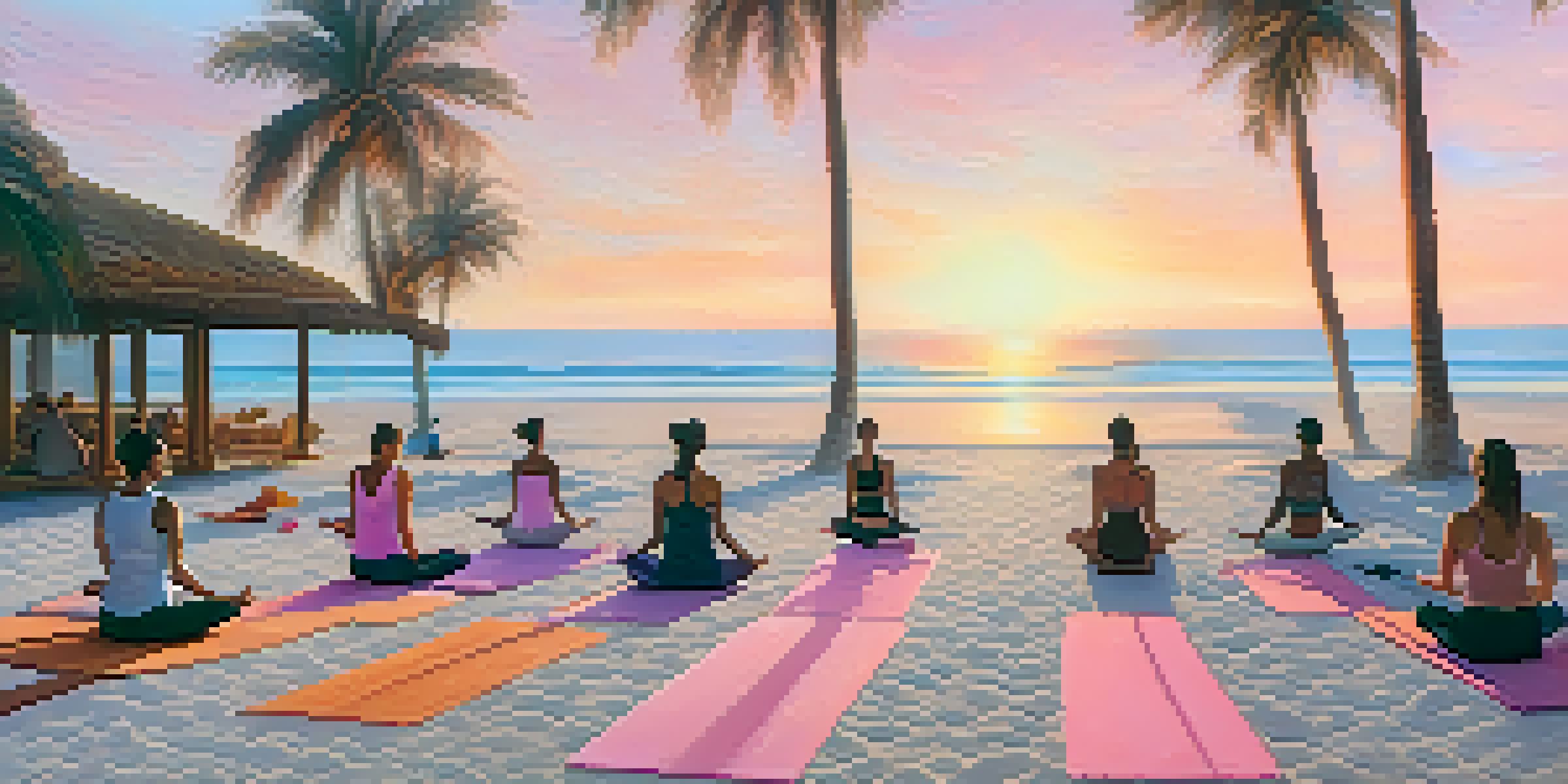 A serene beach at sunrise with yoga mats and participants practicing yoga, surrounded by palm trees.