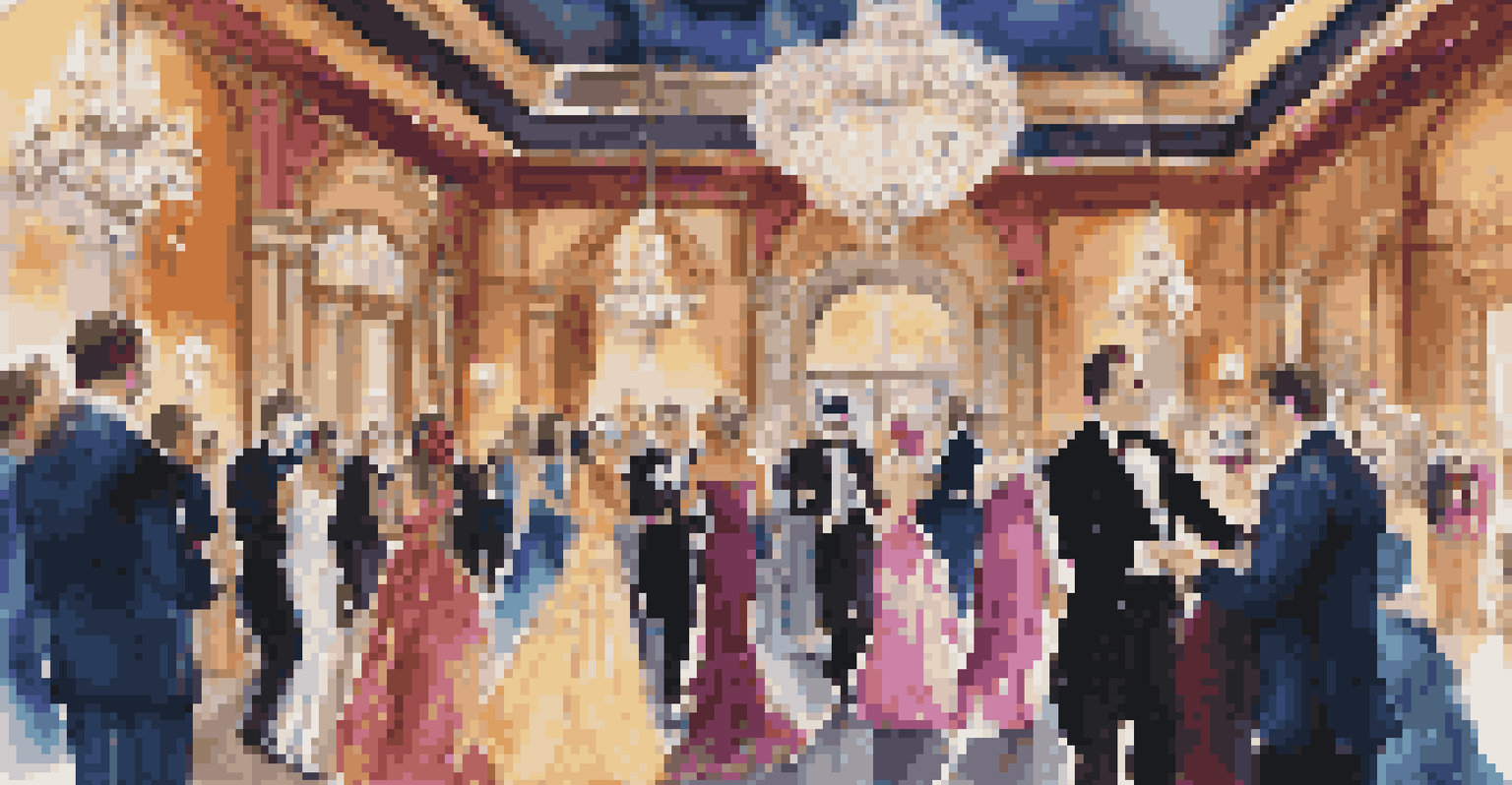 A masquerade ball with guests in elegant costumes and masks, dancing under a grand chandelier amidst rich jewel-tone decorations.