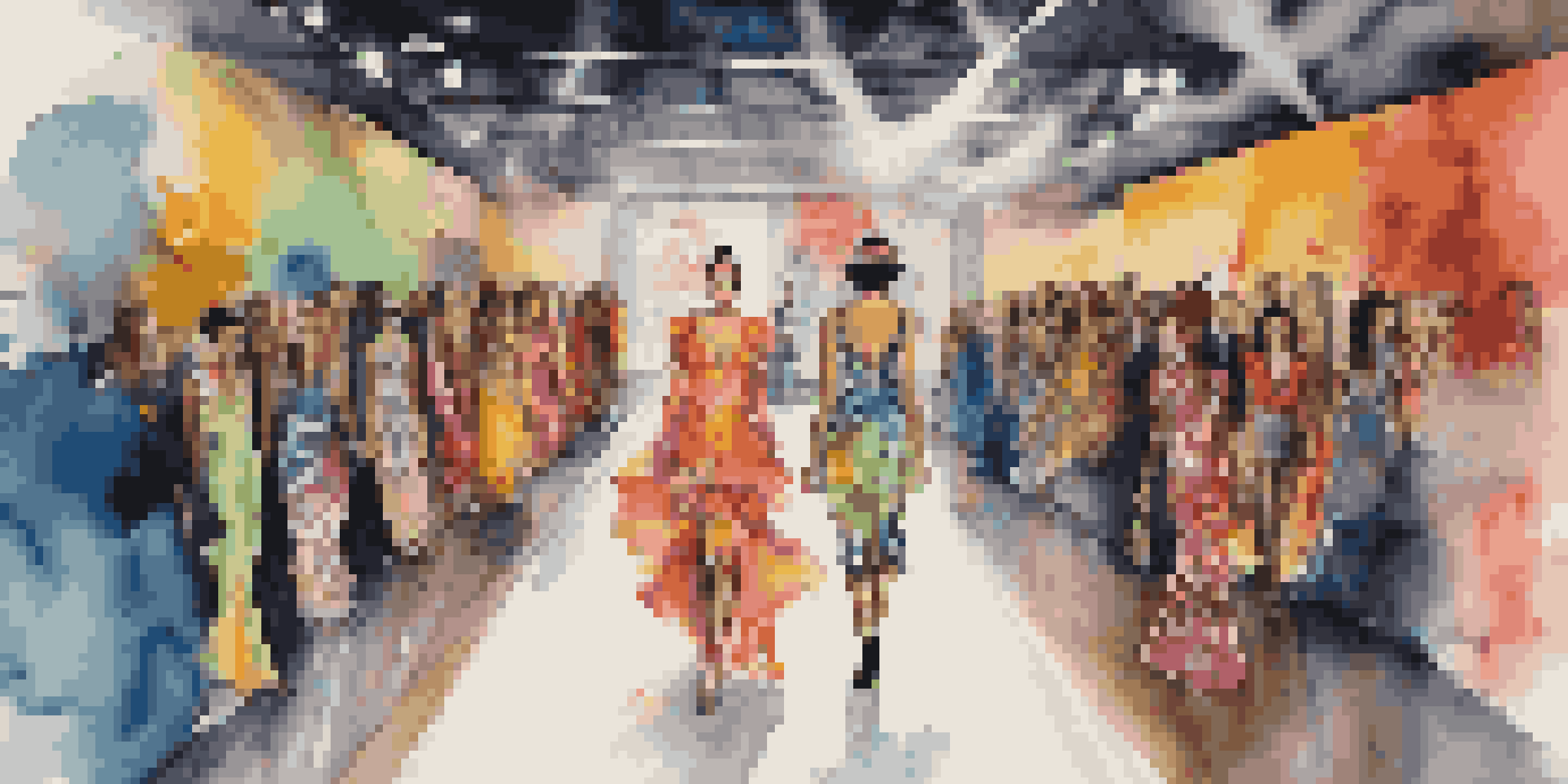 A fashion show runway displaying models in colorful street art-inspired clothing, illuminated by dramatic lighting.