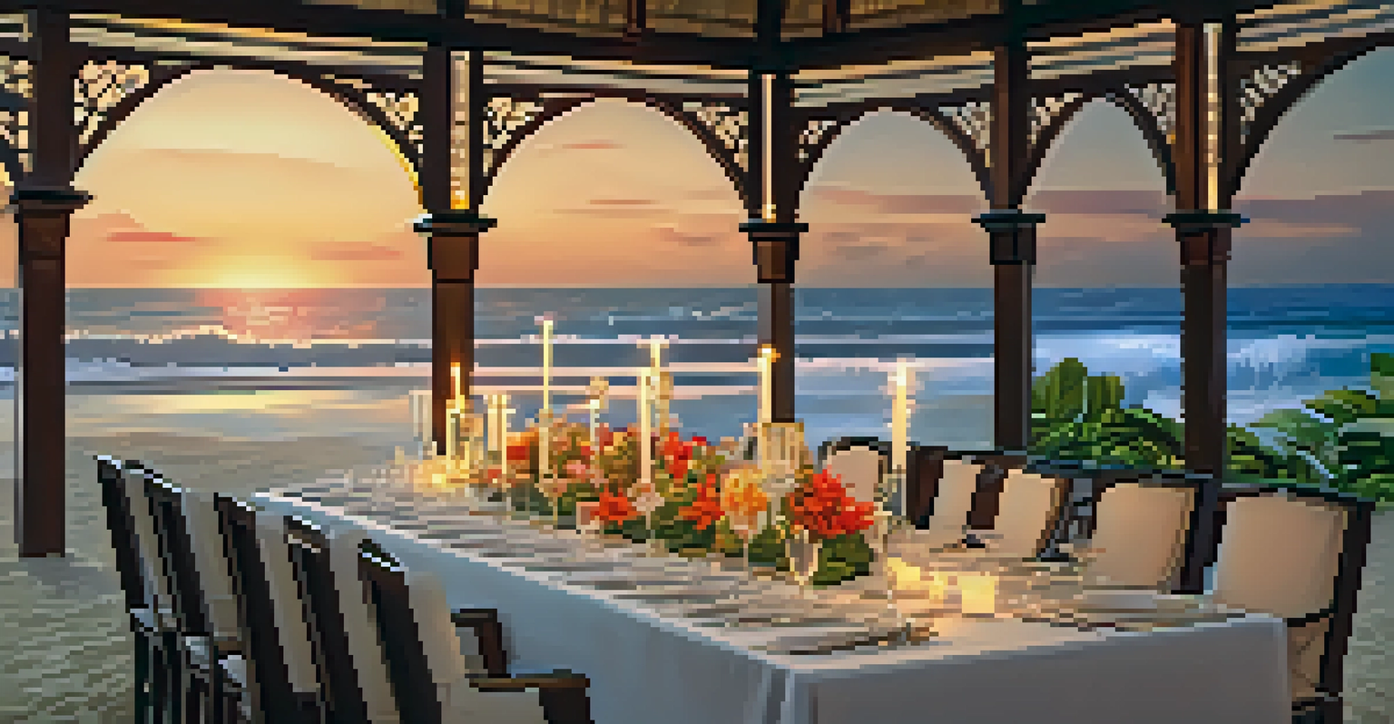 A luxurious dining table on the beach at sunset, adorned with candles and tropical flowers, with ocean waves in the background.