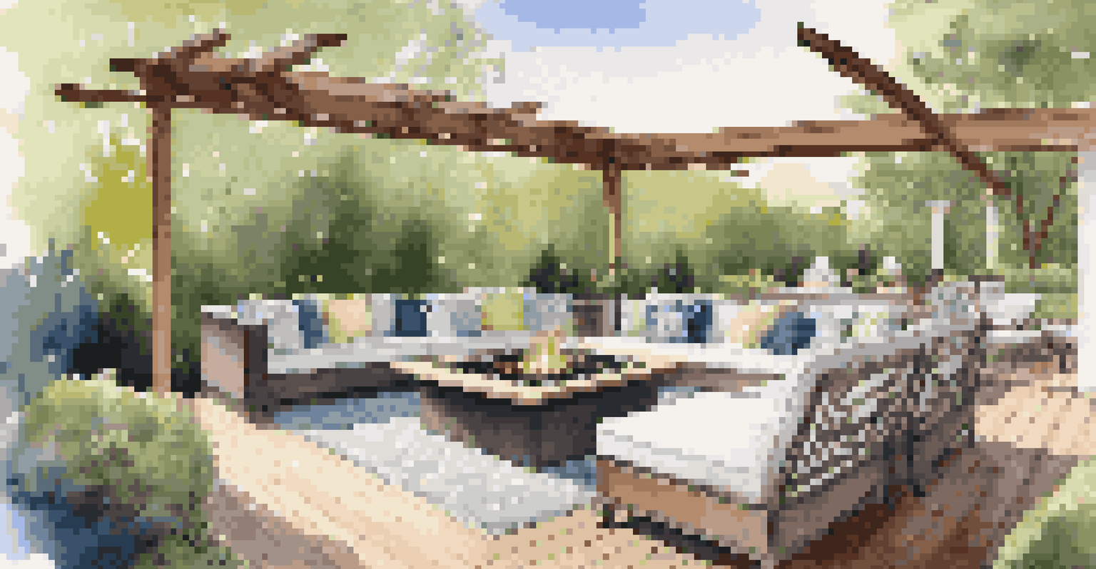 An elegant outdoor living space with a lounge area, fire pit, and lush greenery on a sunny afternoon.
