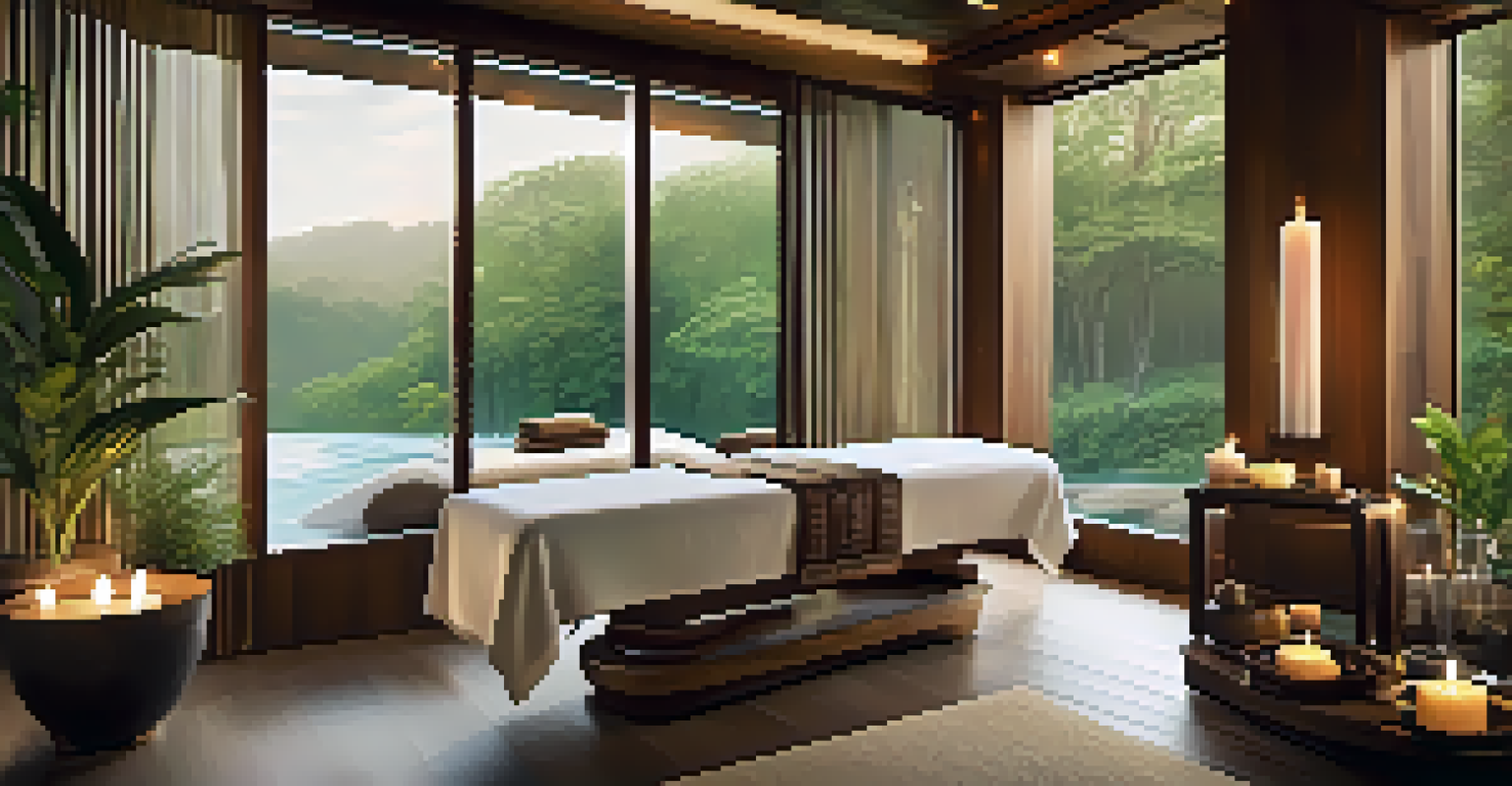 A luxurious spa treatment room with wooden decor, large windows overlooking a forest, and candles for a calming atmosphere.