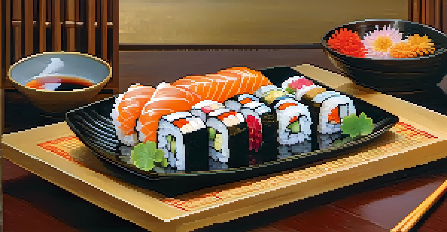 A plate of colorful sushi presented in a traditional Japanese setting.