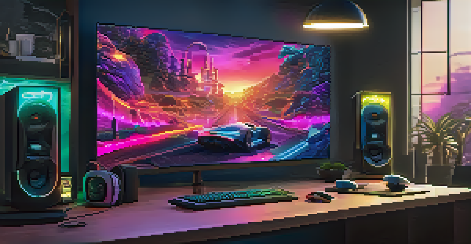 A gaming room with a large 4K monitor, RGB lighting, and a plush headset, set in a dimmed ambiance.