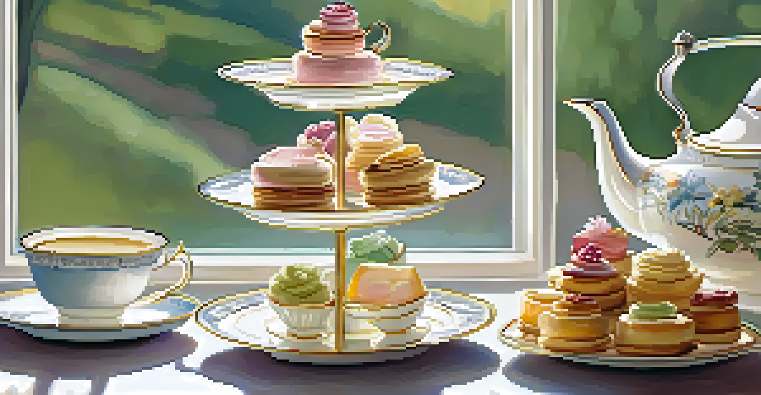 An afternoon tea setup with pastries, sandwiches, and tea in fine china.