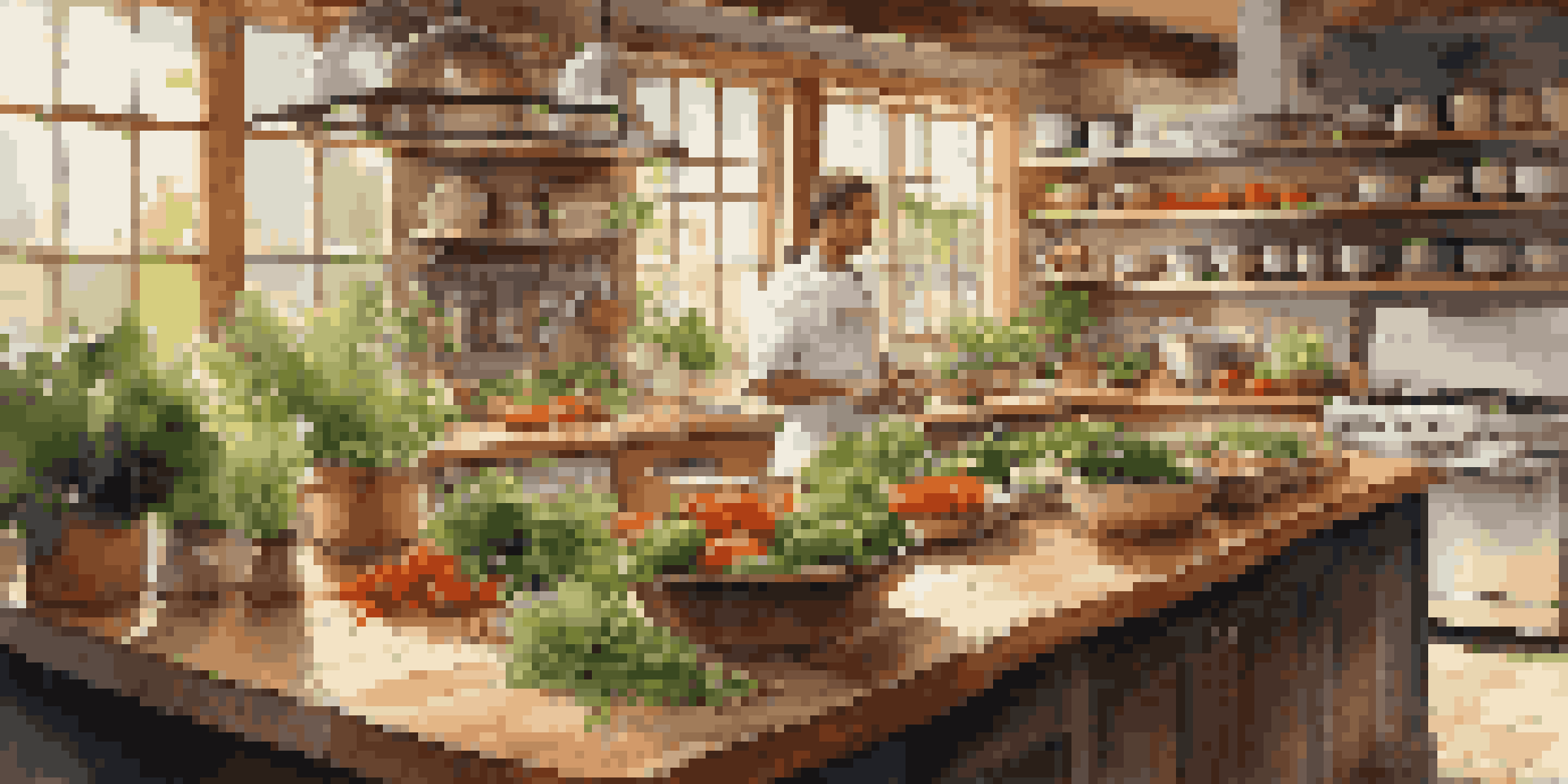 A vibrant gourmet kitchen with fresh herbs and vegetables, sunlight illuminating a chef preparing a meal.