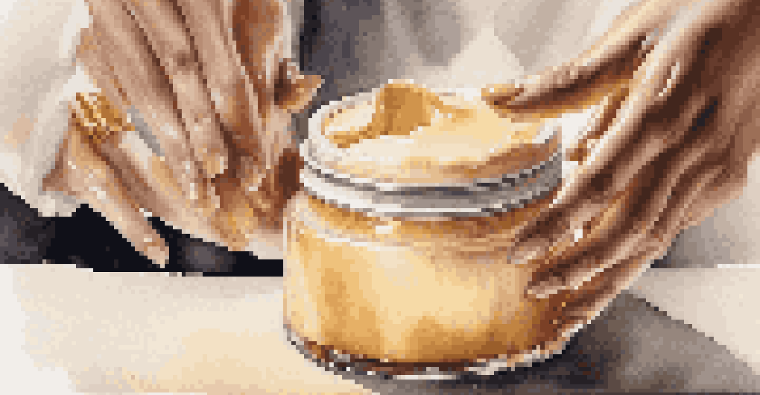A close-up of hands applying a rich cream from a stylish jar with warm ambient light.
