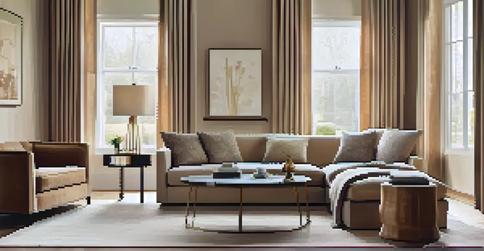 A luxurious living room with a couch that changes texture, elegant curtains adjusting to sunlight, warm earth tones, and rich fabric textures.