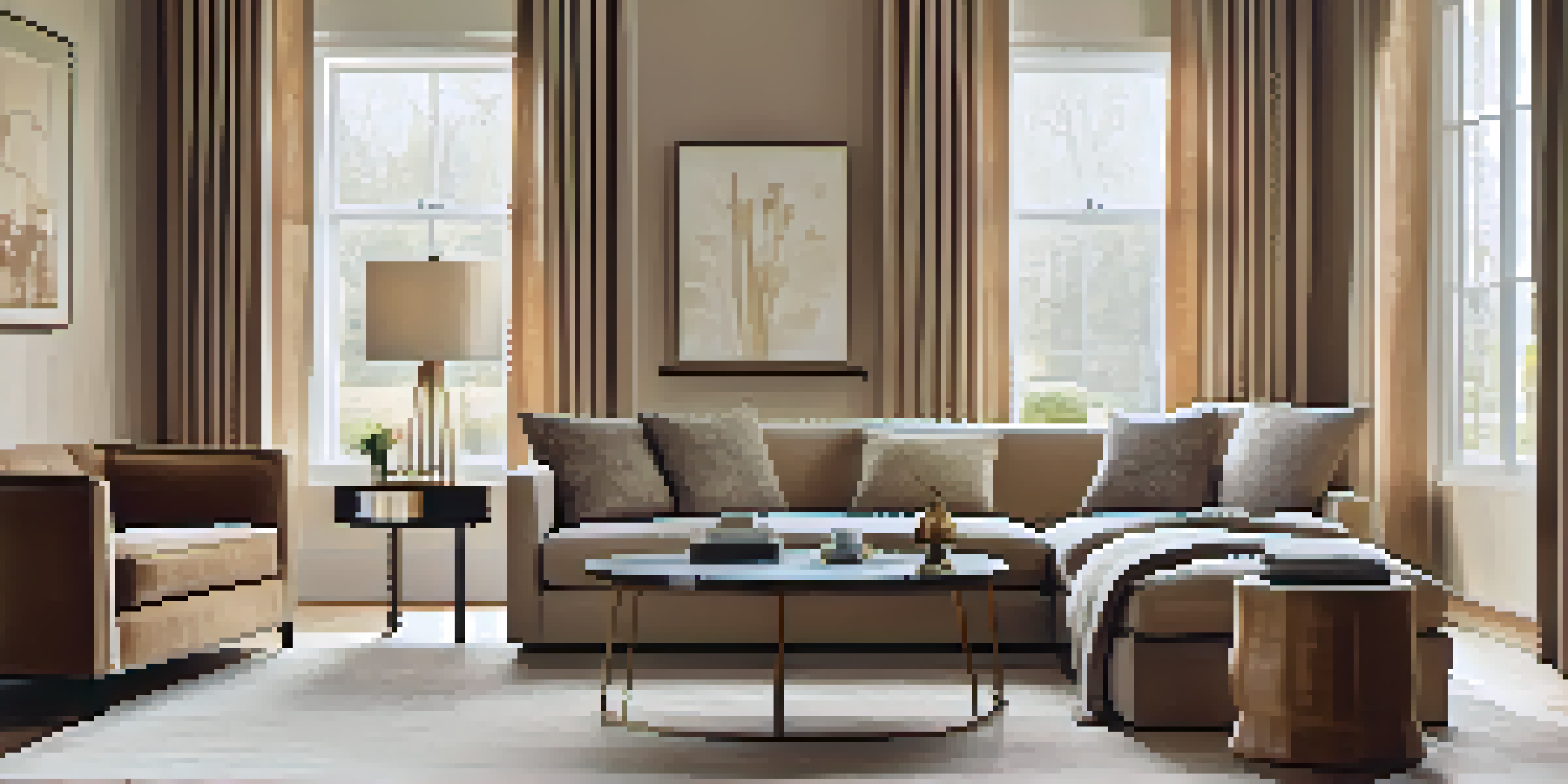 A luxurious living room with a couch that changes texture, elegant curtains adjusting to sunlight, warm earth tones, and rich fabric textures.