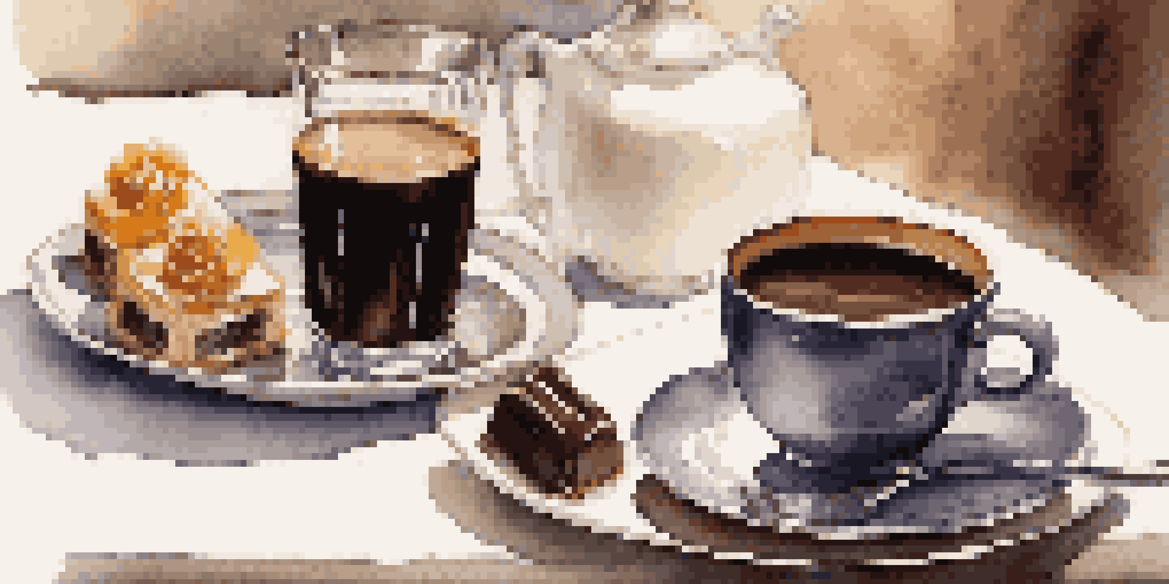 A table set with dark roast coffee and a chocolate dessert, illuminated by warm natural light.