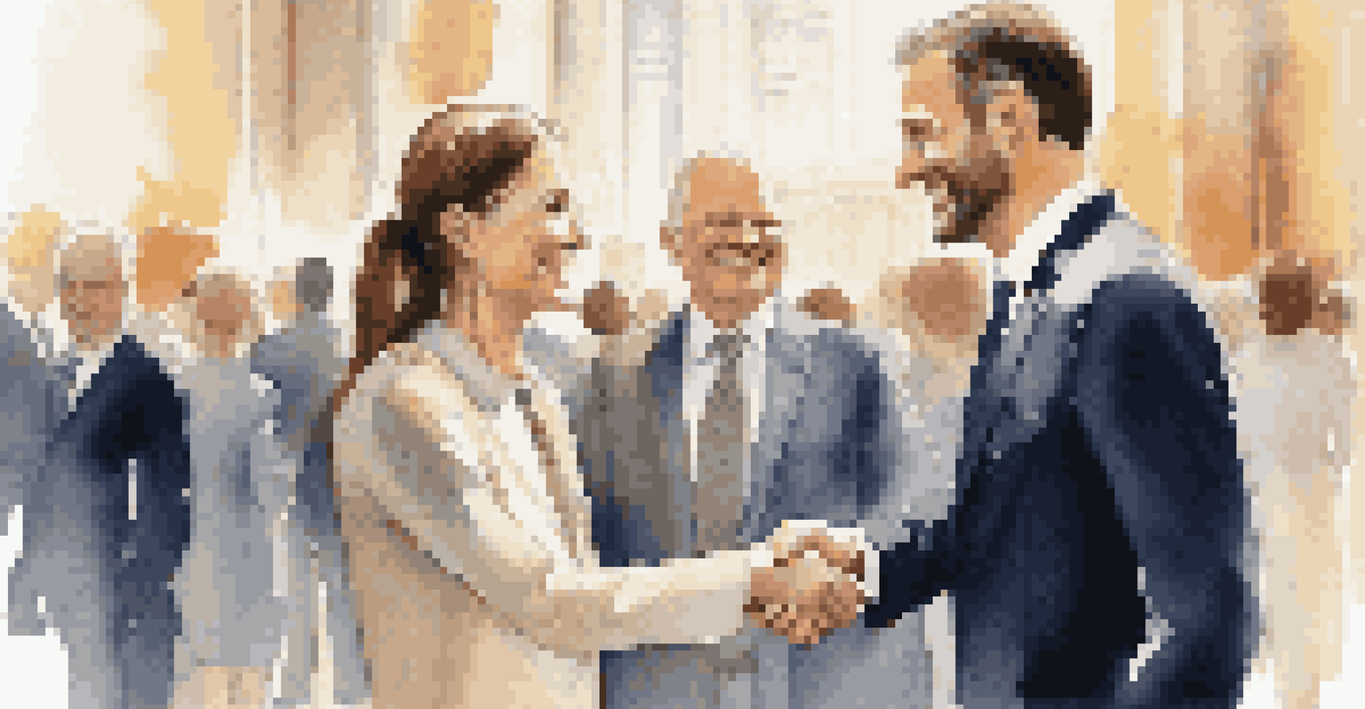 Two professionals shaking hands, with a blurred background of attendees networking in an elegant setting.