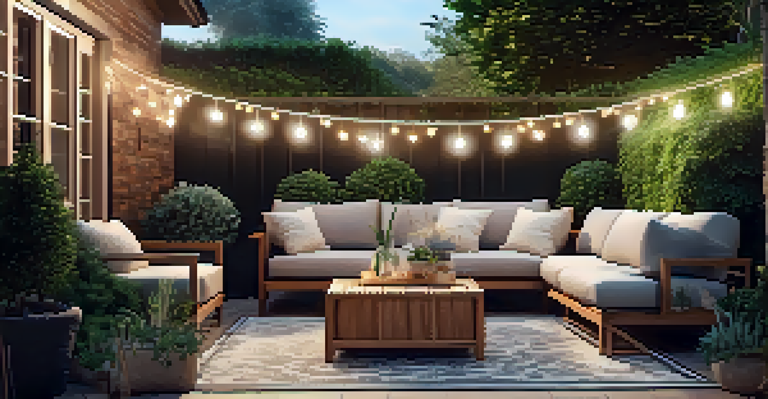 A cozy outdoor garden setup for a Q&A session with comfortable seating, drinks, and fairy lights, surrounded by lush greenery.