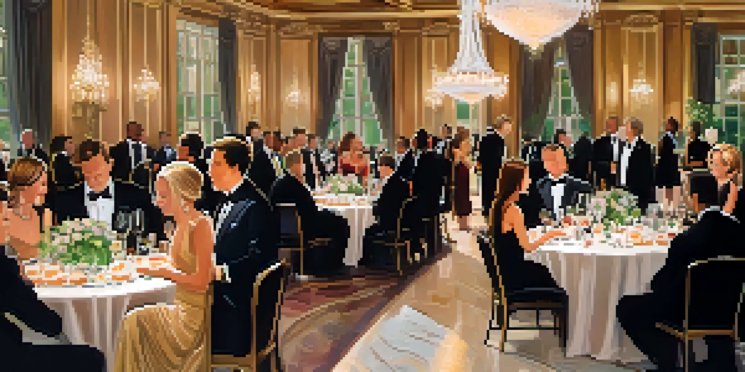 A ballroom filled with elegantly dressed attendees networking over gourmet food and drinks, illuminated by chandeliers.
